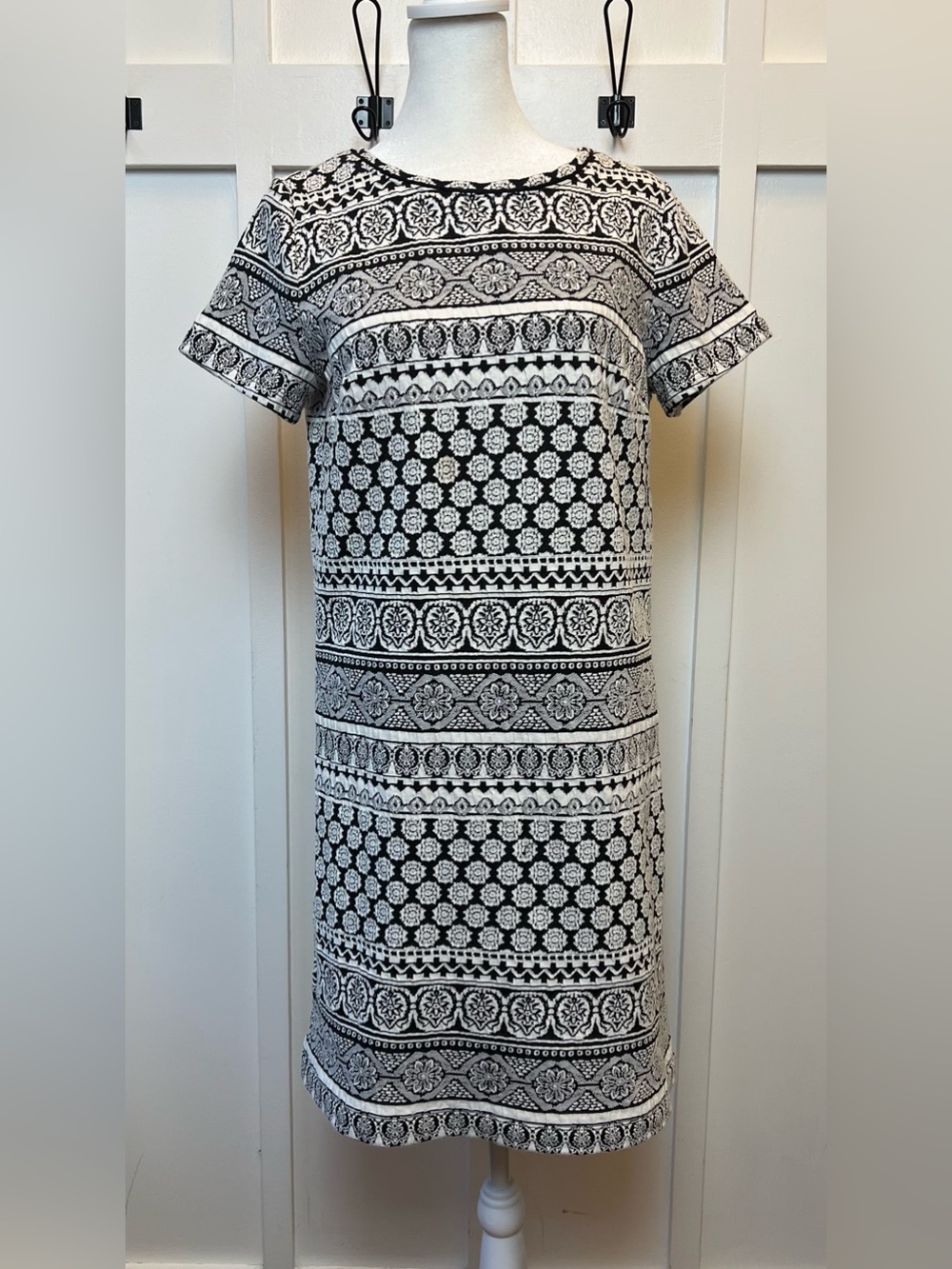Loft Size Small Black White Geometric Dress Modest Short Sleeve Old Money Preppy